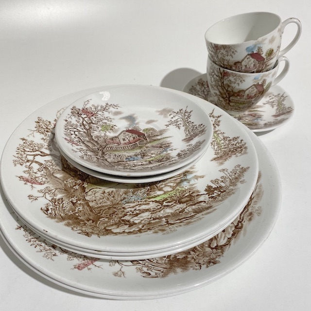 DINNERWARE, Vintage Part Set - Sepia Brown Victorian Landscape